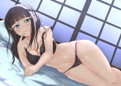 Rule 34 | 1girl, birthday, black bra, black hair, black panties, blunt bangs, blush, bra, breasts, butter curry, cleavage, commentary request, green eyes, hair ornament, highres, kurosawa dia, long hair, looking at viewer, love live!, love live! sunshine!!, lying, medium breasts, mole, mole under mouth, on side, panties, shiny skin, sidelocks, solo, strap slip, underwear