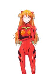 Rule 34 | 1girl, artist request, bodysuit, breasts, brown hair, curvy, grin, highres, interface headset, long hair, medium breasts, neon genesis evangelion, plugsuit, red bodysuit, shiny clothes, simple background, smile, solo, souryuu asuka langley, standing, stretching, two side up, white background, wide hips