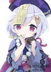 Rule 34 | 1girl, :t, black nails, blue dress, closed mouth, commentary request, cropped jacket, dress, eating, food, food on face, genshin impact, hair between eyes, hair ornament, hands up, hat, holding, holding food, jacket, long hair, long sleeves, nail polish, neki (wakiko), ofuda, purple eyes, purple hair, purple hat, purple jacket, qingdai guanmao, qiqi (genshin impact), simple background, solo, swept bangs, thick eyebrows, upper body, wavy mouth, white background, wide sleeves