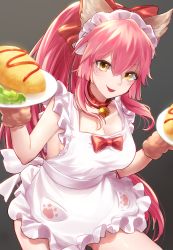 Rule 34 | 1girl, animal ear fluff, animal ears, animal hands, apron, bare shoulders, bell, blush, bow, breasts, cleavage, collar, collarbone, fate/extra, fate/grand order, fate (series), food, fox ears, fox girl, gloves, grey background, hair between eyes, hair bow, highres, jingle bell, large breasts, long hair, looking at viewer, maid headdress, naked apron, neck bell, omelet, omurice, paw gloves, pink hair, plate, ponytail, red bow, sidelocks, smile, soramame pikuto, tamamo (fate), tamamo cat (fate), tamamo cat (third ascension) (fate), tongue, tongue out, yellow eyes