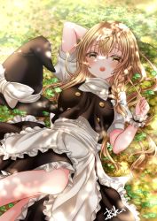 Rule 34 | 1girl, :o, apron, arm behind head, black skirt, black vest, blonde hair, blush, braid, clover, commentary, dappled sunlight, day, feet out of frame, hand up, hat, unworn hat, hat ribbon, unworn headwear, highres, kirisame marisa, long hair, lying, on back, on ground, open mouth, outdoors, petticoat, puffy short sleeves, puffy sleeves, ribbon, shirt, short sleeves, signature, single braid, skirt, solo, sunlight, touhou, very long hair, vest, waist apron, white shirt, witch hat, wrist cuffs, yellow eyes, zeronoriku00