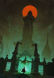 Rule 34 | 1other, anato finnstark, artist name, bloodborne, coat, crucifixion, facing away, fire, from behind, gate, green theme, hat, hunter (bloodborne), moon, outdoors, red moon, scenery, solo, standing, statue, tricorne, wide shot