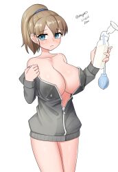 Rule 34 | 1girl, absurdres, blue eyes, bottle, breast pump, breasts, brown hair, cleavage, cowboy shot, grey jacket, highres, holding, intrepid (kancolle), jacket, kantai collection, lactation, lactation through clothes, large breasts, looking at viewer, maru (marg0613), milk, milking machine, open clothes, open jacket, ponytail, short hair, simple background, solo, twitter username, white background