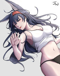 Rule 34 | 1girl, :p, absurdres, animal ears, arknights, artist name, bare arms, bare shoulders, black hair, black panties, blaze (arknights), blue eyes, breasts, cat ears, commentary request, crop top, gradient background, grey background, hairband, hand up, highres, jw (wrdawrda), large breasts, long hair, looking at viewer, midriff, navel, panties, red hairband, signature, smile, solo, stomach, tank top, tongue, tongue out, underwear, white background, white tank top