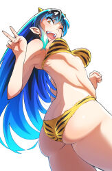 Rule 34 | 1girl, absurdres, animal print, armpits, ass, bikini, blue hair, breasts, butt crack, from behind, highres, hori shin, horns, huge ass, looking at viewer, lum, medium breasts, one eye closed, oni, open mouth, sidelocks, simple background, strapless, strapless bikini, swimsuit, thick thighs, thighs, tiger print, urusei yatsura, v, wedgie, white background, wide hips, yellow bikini