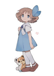 Rule 34 | 1girl, absurdres, blue dress, blue eyes, blue ribbon, brown footwear, brown hair, closed mouth, commentary, creatures (company), dress, game freak, gen 2 pokemon, hair ribbon, hand up, highres, medium hair, molly hale, nintendo, pokemon, pokemon (anime), pokemon (classic anime), pokemon (creature), pokemon 3: the movie - spell of the unown: entei, ribbon, shoes, socks, standing, symbol-only commentary, teddiursa, toukashi (2tou9), white socks