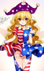 Rule 34 | 1girl, alternate legwear, american flag dress, american flag legwear, bad id, bad twitter id, blonde hair, blush, chaps, clothing cutout, clownpiece, convenient censoring, daimaou ruaeru, fairy wings, gradient background, hat, heart, heart cutout, highres, jester cap, jpeg artifacts, long hair, looking at viewer, no panties, print thighhighs, red eyes, short sleeves, signature, smile, solo, star (symbol), striped, thighhighs, touhou, wind, wind lift, wings, wrist cuffs