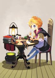 Rule 34 | 1girl, apron, blonde hair, blue eyes, blush, book, bright pupils, cauldron, chair, doll, dress, harada takehito, highres, holding, holding doll, lantern, luca (majo no ryodan), mary janes, needle, official art, pantyhose, refrain no chika meikyuu to majo no ryodan, sewing, sewing needle, shoes, short hair, short sleeves, sitting, solo, striped clothes, striped legwear, striped pantyhose, table, vertical-striped clothes, vertical-striped legwear, vertical-striped pantyhose, white pupils