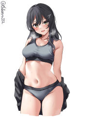Rule 34 | 1girl, bare shoulders, black hair, blush, breasts, unworn clothes, collarbone, cowboy shot, cropped legs, ebifurya, hair between eyes, hair ornament, heavy breathing, highres, kantai collection, looking at viewer, medium breasts, navel, one-hour drawing challenge, open mouth, oyashio (kancolle), panties, simple background, solo, sports bra, stomach, sweat, thighs, twitter username, underwear, white background, yellow eyes