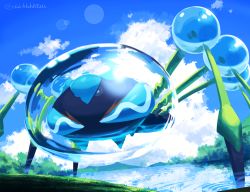 Rule 34 | araquanid, blue eyes, cloud, commentary request, creatures (company), day, game freak, gen 7 pokemon, lens flare, looking at viewer, nintendo, no humans, ohhhhhhtsu, outdoors, pokemon, pokemon (creature), ripples, sky, solo, twitter username, water