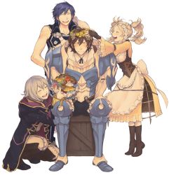 Rule 34 | 2boys, 2girls, ^ ^, apron, arm garter, armor, bad id, bad pixiv id, blonde hair, blue hair, blush, boots, bow, bowtie, box, breastplate, brother and sister, brown hair, chrom (fire emblem), closed eyes, corset, dress, embarrassed, fingerless gloves, fire emblem, fire emblem awakening, flower, frederick (fire emblem), frills, gloves, hair between eyes, happy, head wreath, headpiece, holding, hood, hoodie, jacket, knee boots, kneeling, laughing, leaning, leaning forward, lissa (fire emblem), long sleeves, markings, multiple boys, multiple girls, mushroom, nintendo, on box, pants, parted bangs, pauldrons, prince, princess, puffy pants, puffy sleeves, robin (female) (fire emblem), robin (fire emblem), short hair, shoulder armor, siblings, simple background, sitting, skirt, sleeveless, szmws, teeth, tiara, tiptoes, twintails, white background, white hair, wide sleeves