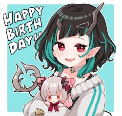 Rule 34 | 1girl, black hair, black tank top, blue background, blue hair, blush, character doll, commentary request, demon girl, demon horns, hugging doll, fang, grey choker, grey sweater, hair ornament, hairclip, happy birthday, highres, honey strap, horns, kino haruc, looking at viewer, medium hair, multicolored hair, nanashi inc., hugging object, official alternate costume, open mouth, pointy ears, red eyes, shishio chris, shishio chris (2nd costume), simple background, single bare shoulder, smile, solo, strap slip, sugar lyric, suou patra, sweater, tank top, two-tone background, two-tone hair, upper body, virtual youtuber, white background