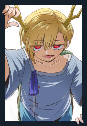 Rule 34 | 1girl, antlers, blonde hair, blue shirt, dragon girl, dragon horns, hair between eyes, horns, kicchou yachie, looking at viewer, open mouth, red eyes, shio (futatsumami), shirt, short hair, simple background, smile, square neckline, touhou, turtle shell, yellow horns