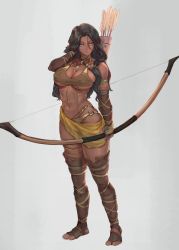 Rule 34 | 1girl, absurdres, arrow (projectile), bandages, black hair, boots, bow (weapon), bra, breasts, choker, closed mouth, dark-skinned female, dark skin, dungeons &amp; dragons, eyelashes, forehead, full body, hand in own hair, highres, holding, holding weapon, jewelry, large breasts, loincloth, long hair, multiple panties, muscular, navel, necklace, o-ring, o-ring bottom, o-ring panties, original, panties, simple background, solo, stomach, tezy8art, thigh boots, thigh strap, thighs, tooth necklace, underwear, weapon, white background, yellow eyes, yellow panties
