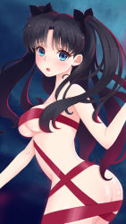 Rule 34 | 1girl, ass, black hair, blue eyes, blush, breasts, cleavage, fate/stay night, fate (series), long hair, medium breasts, naked ribbon, nude, ribbon, solo, tohsaka rin, twintails, two side up, zdl xiaobai