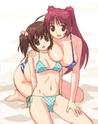 Rule 34 | 00s, 2girls, ahoge, arm at side, arm behind back, arm support, bare arms, bare legs, bare shoulders, barefoot, beach, bikini, breast press, breast rest, breasts, brown eyes, brown hair, cleavage, collarbone, eyebrows hidden by hair, eyes visible through hair, hair between eyes, hair ribbon, hand on another&#039;s shoulder, hand on another&#039;s thigh, hirose (mokiki), kousaka tamaki, large breasts, long hair, midriff, multiple girls, navel, open mouth, outdoors, red hair, ribbon, sand, short hair, side-tie bikini bottom, sitting, small breasts, smile, striped bikini, striped clothes, swimsuit, thick thighs, thighs, to heart (series), to heart 2, twintails, yuri, yuzuhara konomi