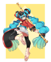 Rule 34 | 1girl, aqua eyes, aqua hair, arm up, barefoot, blush, border, chinese clothes, double bun, eiji (eiji), feet, fighting stance, foot focus, foreshortening, full body, hair between eyes, hair bun, hair ornament, hatsune miku, highres, holding, holding pole, leg up, long hair, open mouth, pole, solo, twintails, vocaloid, white border, yellow background