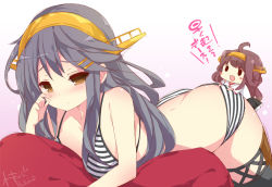 Rule 34 | 10s, 2girls, ahoge, alternate costume, ass, bikini, black hair, blush, boots, breasts, brown eyes, brown hair, dazzle paint, detached sleeves, double bun, hair bun, hairband, haruna (kancolle), headgear, japanese clothes, kantai collection, kongou (kancolle), large breasts, long hair, looking at viewer, mini person, minigirl, multiple girls, nontraditional miko, open mouth, smile, striped bikini, striped clothes, swimsuit, thigh boots, thighhighs, translated, waking up, watanon (gakushokutei)