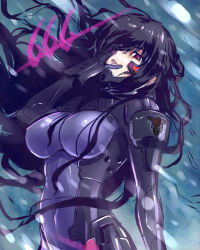 Rule 34 | 1girl, bad id, bad pixiv id, beatrix bremer, black hair, bodysuit, breasts, cleavage, covered navel, hand on own face, impossible clothes, jinkai yamizawa, large breasts, long hair, muv-luv, muv-luv alternative, open mouth, pilot suit, red eyes, schwarzesmarken, sketch, skin tight, snowing, solo, wind