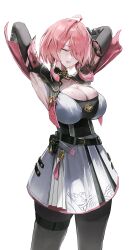 Rule 34 | 1girl, absurdres, ahoge, armor, armpit cutout, armpits, arms up, belt, belt pouch, black belt, black pantyhose, breasts, cleavage, closed eyes, clothing cutout, corset, dotthebot, dress, drooling, highres, large breasts, open mouth, pantyhose, pink hair, pouch, short dress, short hair, shoulder armor, sidelocks, simple background, solo, sweat, taoqi (wuthering waves), tassel, thigh strap, white background, white dress, wuthering waves