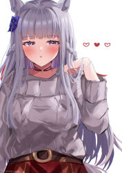 Rule 34 | 1girl, absurdres, alternate costume, animal ears, belt, blush, bow, brown belt, choker, commentary request, cowboy shot, gold ship (umamusume), grey hair, grey sweater, heart, highres, horse ears, horse girl, long hair, long sleeves, looking at viewer, mare ma, parted lips, purple bow, purple eyes, red skirt, simple background, skirt, solo, sweater, twitter username, umamusume, upper body, white background