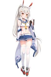 Rule 34 | 1girl, arm behind back, ayanami (azur lane), ayanami (retrofit) (azur lane), azur lane, bandaid, bandaid on arm, bandaid on shoulder, bare shoulders, blonde hair, blue skirt, blush, breasts, commentary request, crop top, detached sleeves, full body, groin, hair between eyes, hair ornament, hairclip, hand up, headgear, highres, holding, legs, long hair, looking at viewer, medium breasts, miniskirt, navel, neckerchief, no bra, open mouth, orange hair, parted lips, pleated skirt, ponytail, red eyes, revision, rudder footwear, sailor collar, school uniform, serafuku, shirt, sironora, skindentation, skirt, solo, standing, thighhighs, thighs, underboob, very long hair, white shirt, wide sleeves, yellow neckerchief, zettai ryouiki