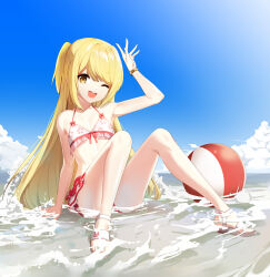Rule 34 | 1girl, ;d, arm up, armpits, ball, bare arms, bare legs, bare shoulders, beach, beachball, bikini, bikini skirt, blonde hair, closers, collarbone, convenient leg, day, feet, frilled bikini, frills, halterneck, highres, knees up, legs, long hair, looking at viewer, lucy (closers), official art, one eye closed, one side up, open mouth, outdoors, sandals, sitting, smile, solo, string bikini, sunlight, swimsuit, toes, very long hair, water, white bikini, wristband, yellow eyes