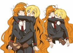 Rule 34 | 2girls, bbunny, black coat, black jacket, black pants, black vest, blonde hair, bow, closed eyes, coat, don quixote (project moon), freckles, green eyes, hair bow, happy, hug, hug from behind, ishmael (project moon), jacket, leg lock, limbus company, long hair, long sleeves, looking at viewer, multiple girls, open mouth, orange hair, pants, parted lips, pout, project moon, shirt, short hair, simple background, smile, standing leg lock, very long hair, vest, white background, white bow, white shirt, yellow eyes