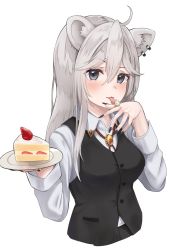 Rule 34 | 1girl, :3, ahoge, animal ears, black nails, black vest, blush, bolo tie, breasts, cake, cake slice, collared shirt, cropped torso, dress shirt, ear piercing, fingernails, food, food on hand, grey eyes, hair between eyes, hair flaps, highres, holding, holding tray, hololive, large breasts, licking, licking finger, lion ears, lion girl, long fingernails, long hair, long sleeves, looking at viewer, micon, nail polish, piercing, sharp fingernails, shirt, shishiro botan, shishiro botan (button-down), sidelocks, silver hair, solo, tray, upper body, v-shaped eyebrows, vest, virtual youtuber, waistcoat, white shirt
