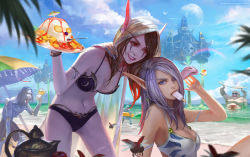 Rule 34 | 2girls, 3boys, alcohol, armor, artist name, backlighting, beach, beach umbrella, bikini, bikini armor, black bikini, blonde hair, blue skin, blue sky, bone, bottle, branch, breasts, bug, castle, character request, chenbo, cloak, cloud, cocktail umbrella, collarbone, colored skin, cup, day, drinking glass, earrings, elf, email address, eyebrows, eyelashes, facial tattoo, fantasy, fat, fat man, food, gelatin, grin, highres, holding, holding bottle, holding cup, holding plate, holding spoon, hood, hooded cloak, hook hand, horizon, ice cream, jewelry, large breasts, leaning forward, lips, looking at another, looking at viewer, moon, mouth hold, multiple boys, multiple girls, navel, nose, ocean, one-piece swimsuit, outdoors, parted lips, partially submerged, pitcher (container), plate, plump, pointy ears, popsicle, purple eyes, purple hair, purple skin, rainbow, realistic, red eyes, see-through, signature, sky, smile, spoon, sunglasses, sunlight, swimsuit, sylvanas windrunner, tattoo, tongue, tongue out, umbrella, undead, vereesa windrunner, warcraft, water, white one-piece swimsuit, wine, wine bottle, wine glass, world of warcraft, zombie