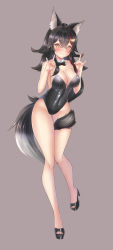Rule 34 | 1girl, absurdres, animal ear fluff, animal ears, bare legs, black hair, blush, breasts, cleavage, double fox shadow puppet, fox shadow puppet, hair between eyes, hair ornament, hairclip, hand gesture, high heels, highres, hololive, leotard, long hair, looking at viewer, maru.selinn, multicolored hair, \n/, ookami mio, playboy bunny, red hair, smile, solo, streaked hair, tail, tail around own leg, tail wrap, thighs, virtual youtuber, wolf ears, wolf girl, wolf tail, yellow eyes