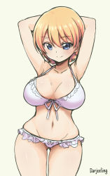 Rule 34 | 10s, 1girl, arms behind head, arms up, bikini, blonde hair, blue eyes, breasts, character name, curvy, darjeeling (girls und panzer), frilled bikini, frills, front-tie bikini top, front-tie top, girls und panzer, gluteal fold, large breasts, navel, pas (paxiti), simple background, smile, solo, swimsuit, white bikini, wide hips