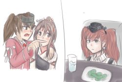 Rule 34 | 3girls, artist name, artist request, atlanta (kancolle), blush, breast envy, brown eyes, brown hair, commentary, crying, crying with eyes open, earrings, english commentary, garrison cap, glass, grey eyes, hachimaki, hair intakes, hand on another&#039;s shoulder, hat, headband, high ponytail, japanese clothes, jewelry, kantai collection, kariginu, long sleeves, look-alike, meme, multiple girls, muneate, open mouth, pointing, pointing at another, ryuujou (kancolle), shirt, star (symbol), star earrings, suspenders, tears, twintails, two side up, upper body, visor cap, white shirt, woman yelling at cat (meme), zuihou (kancolle)