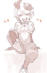 Rule 34 | 1girl, arm support, asymmetrical hair, barefoot, blush, breasts, bright pupils, brown theme, commentary request, cropped jacket, elbow gloves, feet, full body, gloves, high collar, highres, hitosoroi, jacket, jitome, leg up, looking at viewer, made in abyss, medium breasts, monochrome, multicolored hair, navel, open clothes, open jacket, open jumpsuit, open mouth, pouch, presenting foot, puffy short sleeves, puffy sleeves, shoes, short hair, short sleeves, simple background, single shoe, sitting, sketch, smile, soles, solo, streaked hair, teeth, tepaste, toes, translation request, upper teeth only, white background