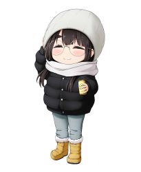 Rule 34 | 1girl, arm up, beanie, black hair, black jacket, blue pants, blush, boots, brown footwear, chibi, closed eyes, closed mouth, cup, facing viewer, full body, fur-trimmed boots, fur trim, glasses, grey hat, grey scarf, hat, highres, holding, holding cup, jacket, kuena, pants, round eyewear, scarf, simple background, solo, standing, thick eyebrows, toba minami, white background, yurucamp