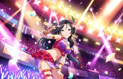 Rule 34 | 10s, 1girl, artist request, audience, black hair, blue eyes, bracelet, breasts, cleavage, confetti, detached sleeves, earrings, glowstick, idolmaster, idolmaster cinderella girls, idolmaster cinderella girls starlight stage, jewelry, long hair, looking at viewer, medium breasts, microphone, navel, official art, skirt, solo, stage lights, sugisaka umi