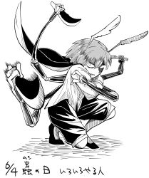 Rule 34 | 1girl, absurdres, antennae, bad id, bad pixiv id, cape, clenched teeth, dated, extra arms, fighting stance, greyscale, highres, iroiro yaru hito, knife, monochrome, short hair, shorts, simple background, sketch, solo, squatting, sword, teeth, touhou, weapon, white background, wriggle nightbug