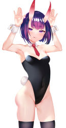 Rule 34 | 1girl, absurdres, animal ears, armpits, arms up, bare shoulders, black leotard, black thighhighs, blush, bob cut, breasts, covered navel, detached collar, eyeliner, fake animal ears, fate/grand order, fate (series), highleg, highleg leotard, highres, horns, leotard, licking lips, looking at viewer, makeup, oni, playboy bunny, purple eyes, purple hair, rabbit ears, rabbit pose, rabbit tail, sabi (rupf2384), short hair, shuten douji (fate), skin-covered horns, small breasts, smile, solo, tail, thighhighs, tongue, tongue out, white background, wrist cuffs