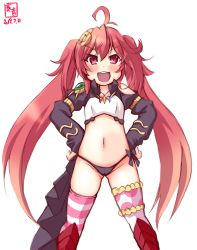 Rule 34 | 1girl, alternate costume, artist logo, asymmetrical legwear, black panties, commentary request, cosplay, covered navel, crescent, crescent hair ornament, crop top, dated, feet out of frame, flat chest, gluteal fold, hair ornament, hands on own hips, highres, kanon (kurogane knights), kantai collection, long hair, long sleeves, look-alike, milim nava, milim nava (cosplay), open mouth, panties, pink eyes, pink hair, polka dot, polka dot legwear, revision, round teeth, side ponytail, simple background, smile, solo, striped clothes, striped thighhighs, teeth, tensei shitara slime datta ken, thighhighs, twintails, underwear, uneven legwear, upper teeth only, uzuki (kancolle), white background