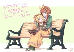 Rule 34 | 2girls, animal ears, bench, blonde hair, blue eyes, botamochi (exwelder), braid, brown dress, brown hair, closed mouth, commission, crossover, dress, fate/grand order, fate (series), granblue fantasy, green jacket, hairband, hug, jacket, long hair, mahira (granblue fantasy), multiple girls, official alternate costume, red eyes, sandals, shoes, signature, sitting, sitting on person, skeb commission, smile, sneakers, van gogh (city where dreams are born) (fate), van gogh (fate)