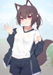Rule 34 | 1girl, absurdres, animal ear fluff, animal ears, black jacket, black shorts, blue sky, breasts, brown hair, cloud, commentary request, day, fox ears, fox girl, fox tail, grin, gym shirt, gym shorts, gym uniform, hair between eyes, hair ornament, hairclip, hands up, highres, hinata (user rjkt4745), jacket, long sleeves, looking at viewer, off shoulder, open clothes, open jacket, original, outdoors, ponytail, puffy long sleeves, puffy sleeves, purple eyes, shirt, shorts, sky, sleeves past wrists, small breasts, smile, solo, tail, white shirt