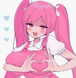 Rule 34 | 1girl, aliceyawnin, blush, bow, breasts, breasts squeezed together, dress, hair bow, head tilt, heart, heart hands, large breasts, looking at viewer, omori, open mouth, perfectheart (omori), pinafore dress, pink eyes, pink hair, short sleeves, sleeveless, sleeveless dress, solo, twintails, white background