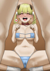 Rule 34 | 1boy, 1girl, absurdres, animal collar, animal ears, areola slip, bdsm, bikini, blonde hair, blush, breast press, breasts, cleavage, closed eyes, collar, dog ears, highres, hikari-chan (tantanmen72), large breasts, leash, navel, original, panties, paw pose, pet play, simple background, slave, speech bubble, spread legs, squatting, swimsuit, tantanmen72, tongue, tongue out, twintails, underwear, view between legs, wet, wet clothes, wet panties
