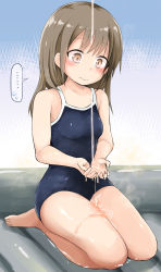Rule 34 | ..., 1girl, air mattress, bare arms, bare shoulders, blue one-piece swimsuit, blush, breasts, brown eyes, brown hair, closed eyes, closed mouth, commentary request, competition school swimsuit, competition swimsuit, flying sweatdrops, fujisaka lyric, head tilt, highres, looking away, looking down, lotion, lube, mat, mat play, nuru massage, oil, one-piece swimsuit, original, school swimsuit, seiza, sitting, small breasts, soapland, solo, spoken ellipsis, spoken sweatdrop, sweatdrop, swimsuit, water