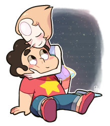 Rule 34 | 1boy, 1girl, afro, black eyes, black hair, blush, blush stickers, closed eyes, forehead jewel, hand on another&#039;s face, looking at another, pants, pearl (steven universe), pink hair, red shirt, sandals, shirt, short hair, simple background, skirt, smile, steven quartz universe, steven universe, tsunoji, white background