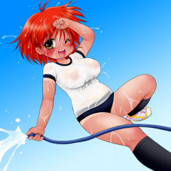 Rule 34 | 1girl, alicepowder, blush, breasts, buruma, covered erect nipples, day, gym uniform, hose, large breasts, nipples, one eye closed, open mouth, oppai loli, orange hair, original, see-through, sky, solo, tan, tanline, water, wet