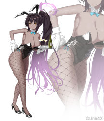 1girl animal_ears aqua_bow aqua_bowtie black_footwear black_hair black_leotard blue_archive bow bowtie breasts cleavage curvy dark-skinned_female dark_skin detached_collar fake_animal_ears fishnet_pantyhose fishnets gloves gradient_hair halo high_heels highleg highleg_leotard highres karin_(blue_archive) karin_(bunny)_(blue_archive) large_breasts leotard line4x multicolored_hair pantyhose playboy_bunny ponytail purple_hair rabbit_ears rabbit_tail side-tie_leotard standing strapless strapless_leotard tail thong_leotard traditional_bowtie white_gloves wide_hips yellow_eyes zoom_layer