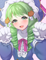 Rule 34 | 1girl, absurdres, animal hands, cat paws, drill hair, fire emblem, fire emblem: three houses, fire emblem heroes, flayn (fire emblem), flayn (halloween) (fire emblem), green eyes, green hair, halloween, halloween costume, highres, nintendo, official alternate costume, open mouth, solo, tara (szzj7733), teeth, turtleneck, twin drills, upper body, upper teeth only