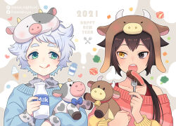Rule 34 | 2021, 2boys, :q, blue sweater, bottle, brown eyes, brown hair, cow hat, eating, food, fork, green eyes, happy new year, heterochromia, holding, holding bottle, holding fork, male focus, meat, milk bottle, multicolored clothes, multicolored sweater, multiple boys, new year, nightcat, open mouth, original, red sweater, short hair, steak, stuffed cow, sweater, tongue, tongue out, white hair, yellow eyes
