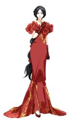 Rule 34 | 1girl, black eyes, black hair, bleach, braid, braided ponytail, braised goose, dress, frilled dress, frills, full body, gloves, hand on own chest, highres, jewelry, long hair, looking at viewer, necklace, off-shoulder dress, off shoulder, red dress, red footwear, red gloves, smile, solo, unohana retsu, very long hair, white background